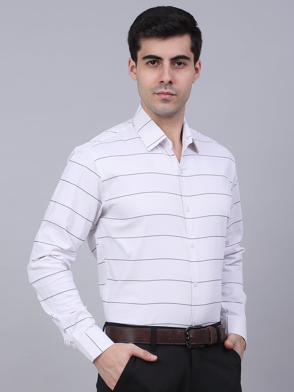 Jainish Men's White Horizontal Striped Formal Shirt