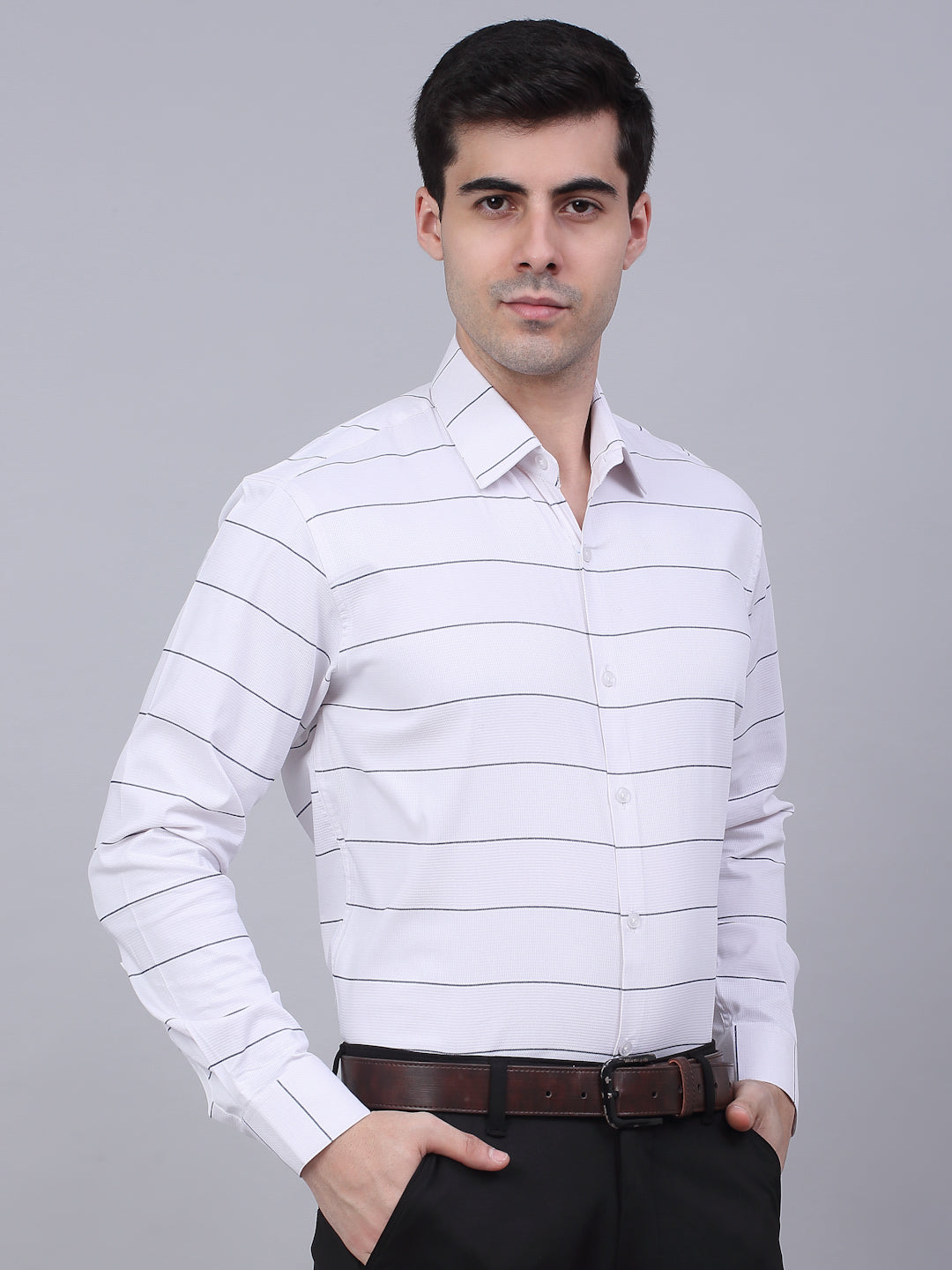 Jainish Men's White Horizontal Striped Formal Shirt
