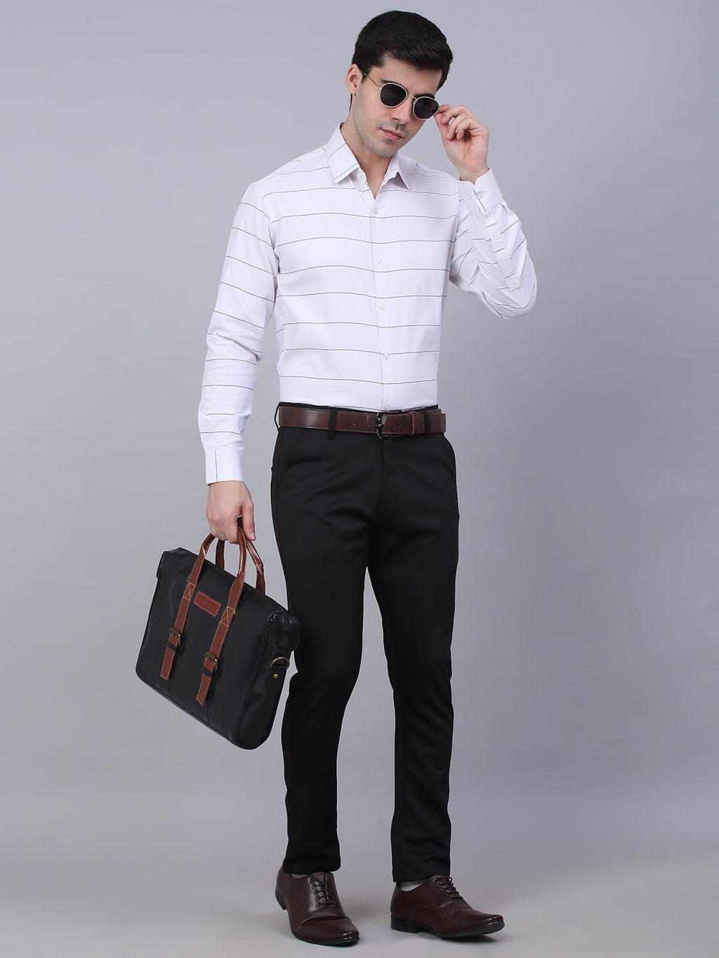 Jainish Men's White Horizontal Striped Formal Shirt