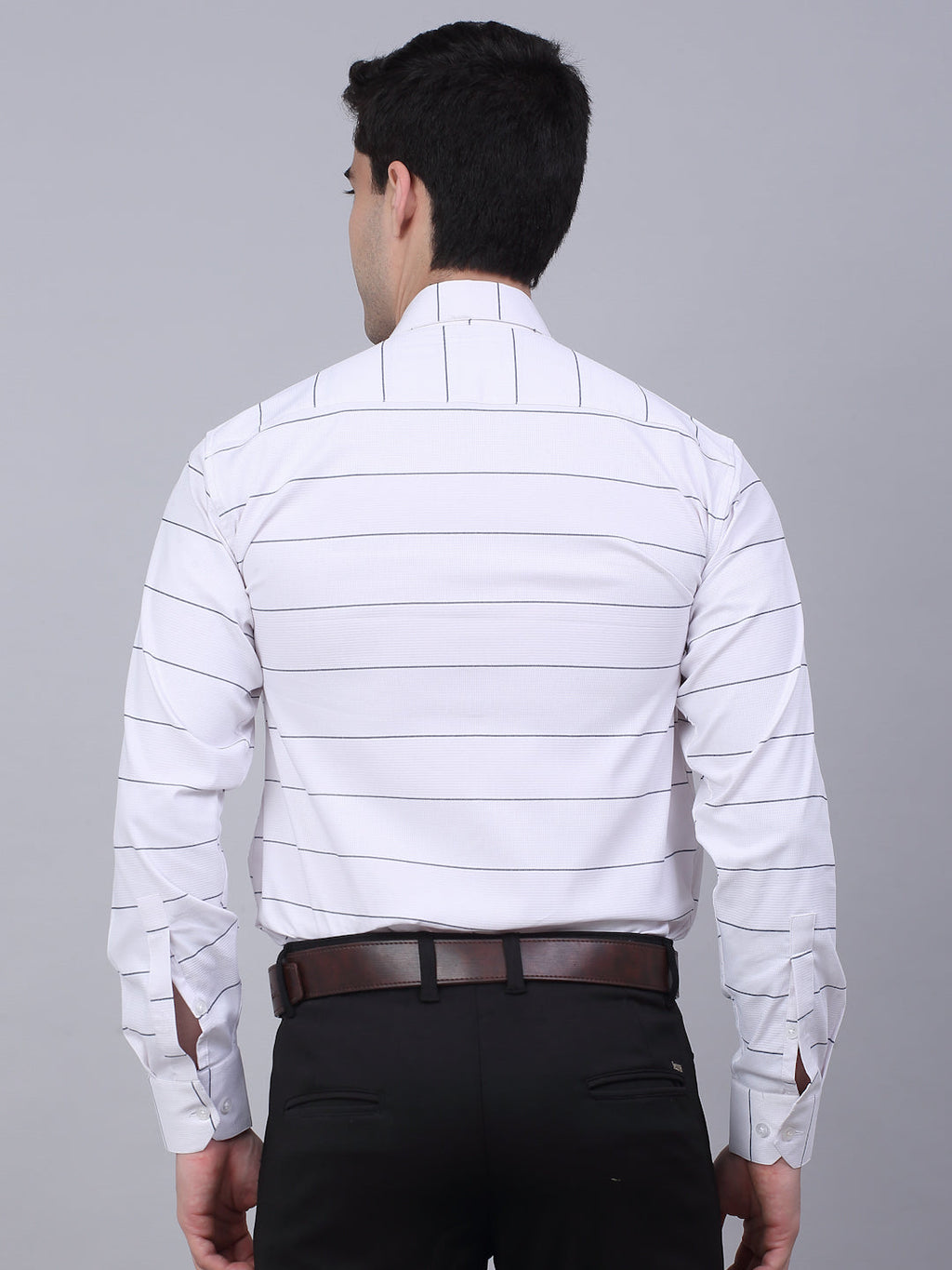 Jainish Men's White Horizontal Striped Formal Shirt