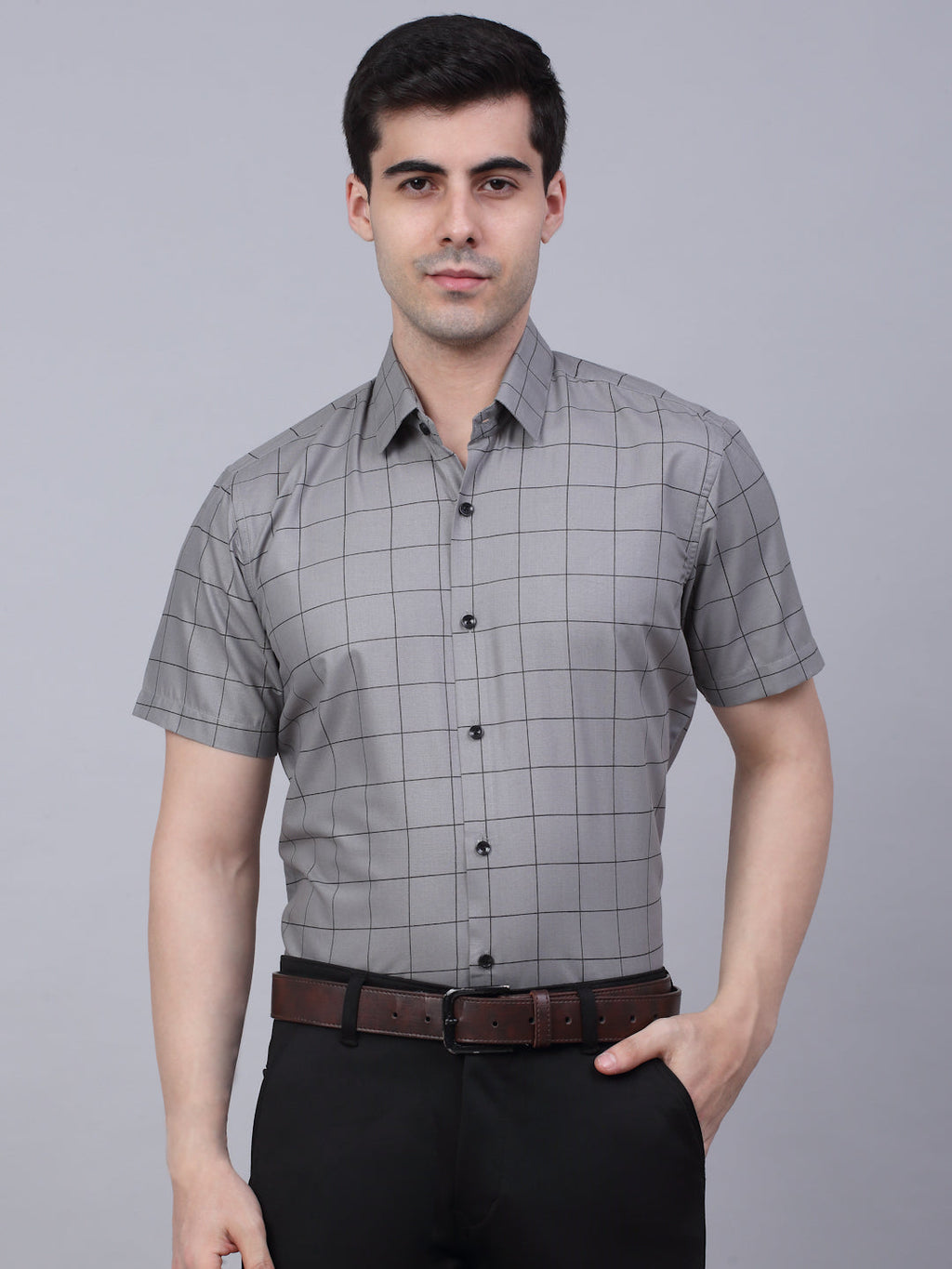 Jainish Men's Cotton Half Sleeve Checked Formal Shirts - Grey