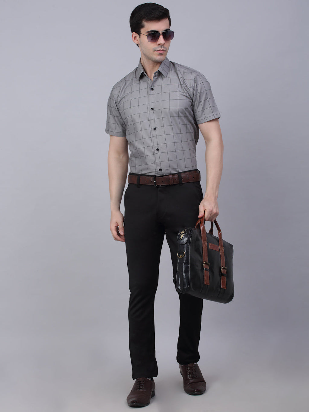 Jainish Men's Cotton Half Sleeve Checked Formal Shirts - Grey