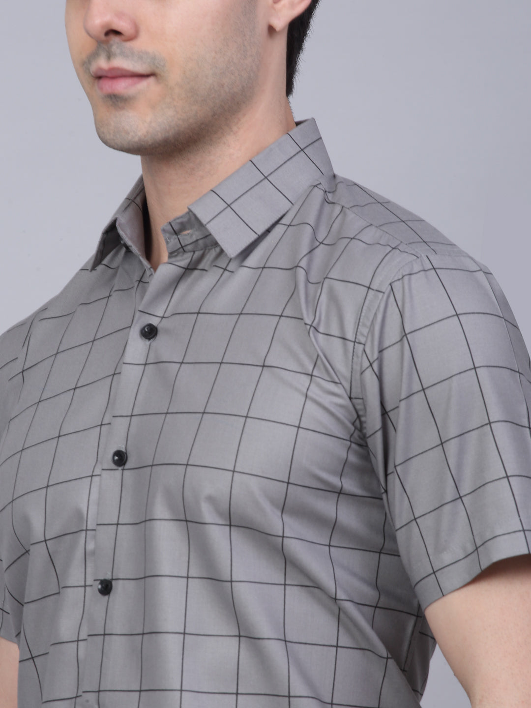 Jainish Men's Cotton Half Sleeve Checked Formal Shirts - Grey
