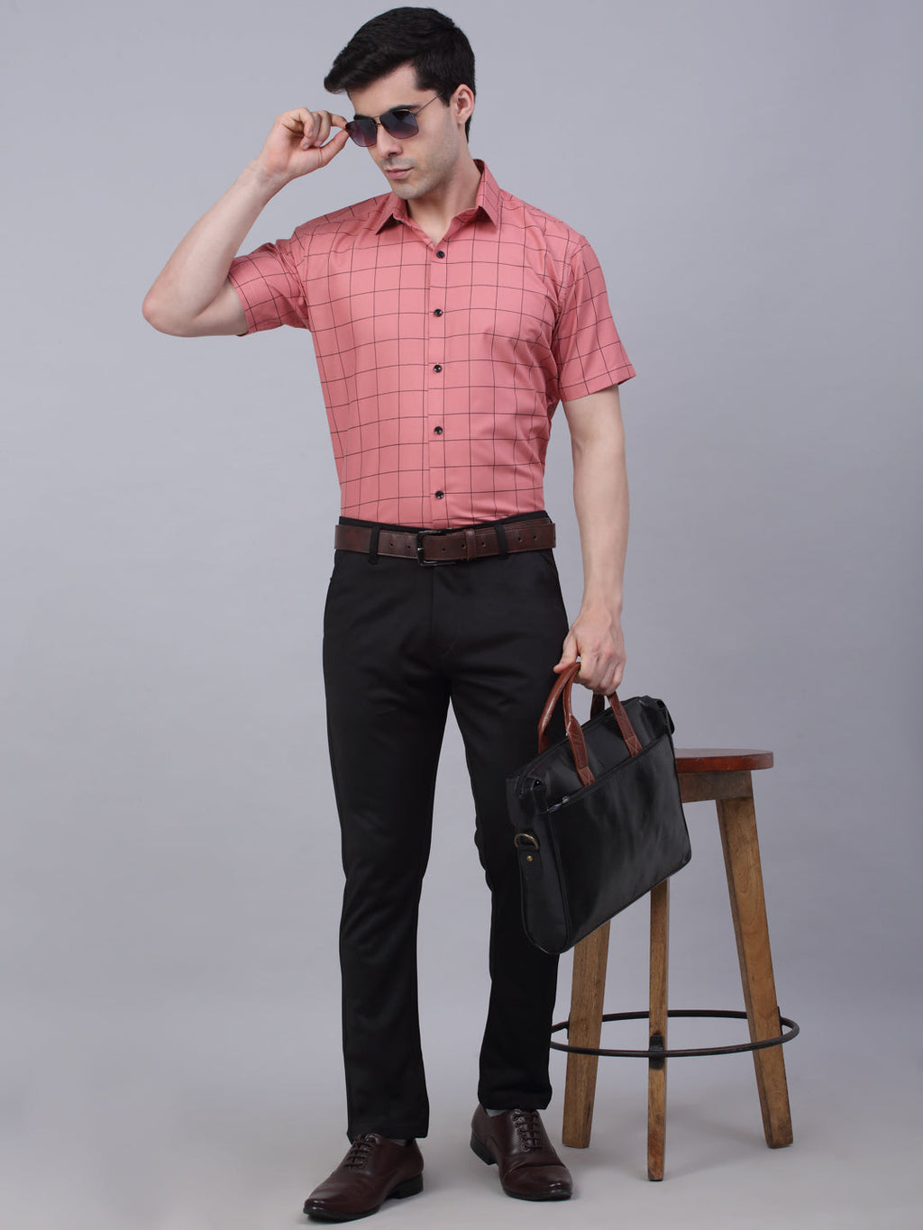 Jainish Men's Cotton Half Sleeve Checked Formal Shirts - Peach