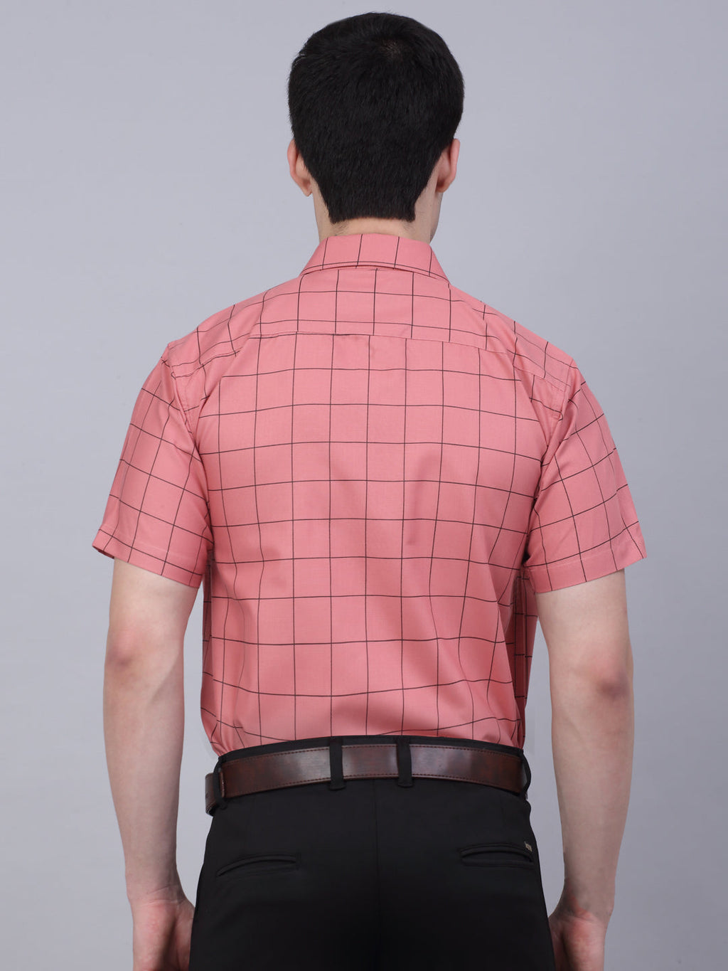 Jainish Men's Cotton Half Sleeve Checked Formal Shirts - Peach