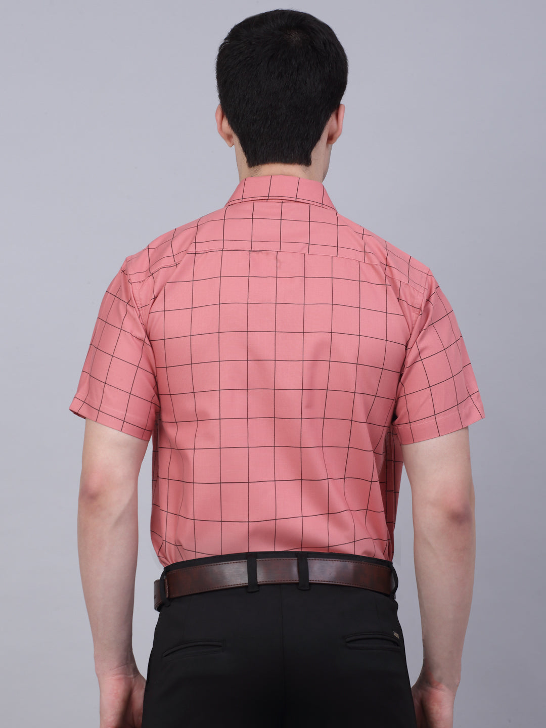 Jainish Men's Cotton Half Sleeve Checked Formal Shirts - Peach