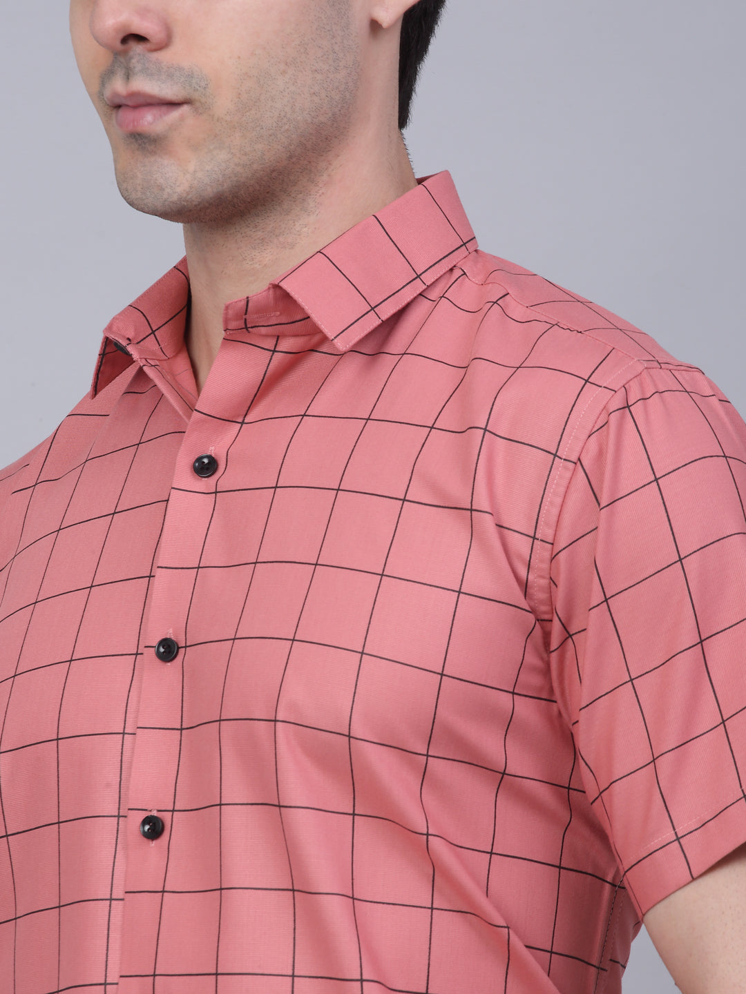 Jainish Men's Cotton Half Sleeve Checked Formal Shirts - Peach