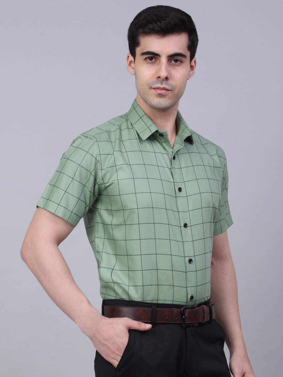 Jainish Men's Cotton Half Sleeve Checked Formal Shirts - Pista