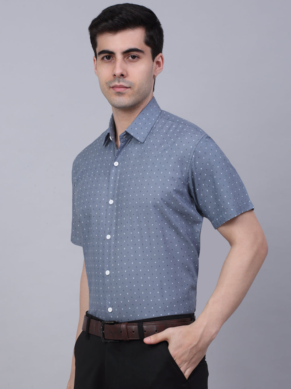 Jainish Men's Cotton Half Sleeve Printed Formal Shirts - Grey