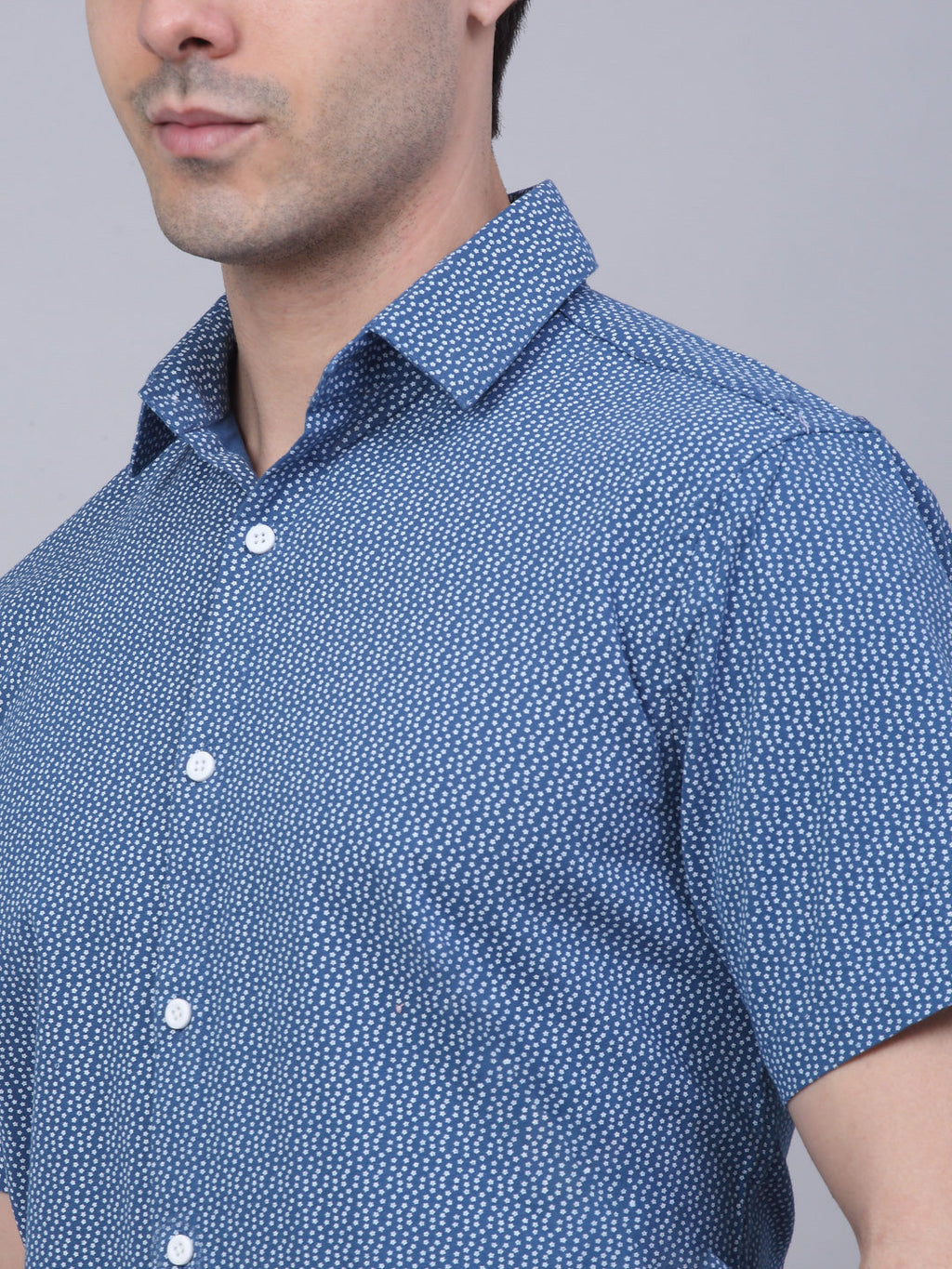 Jainish Men's Cotton Half Sleeve Printed Formal Shirts - Blue
