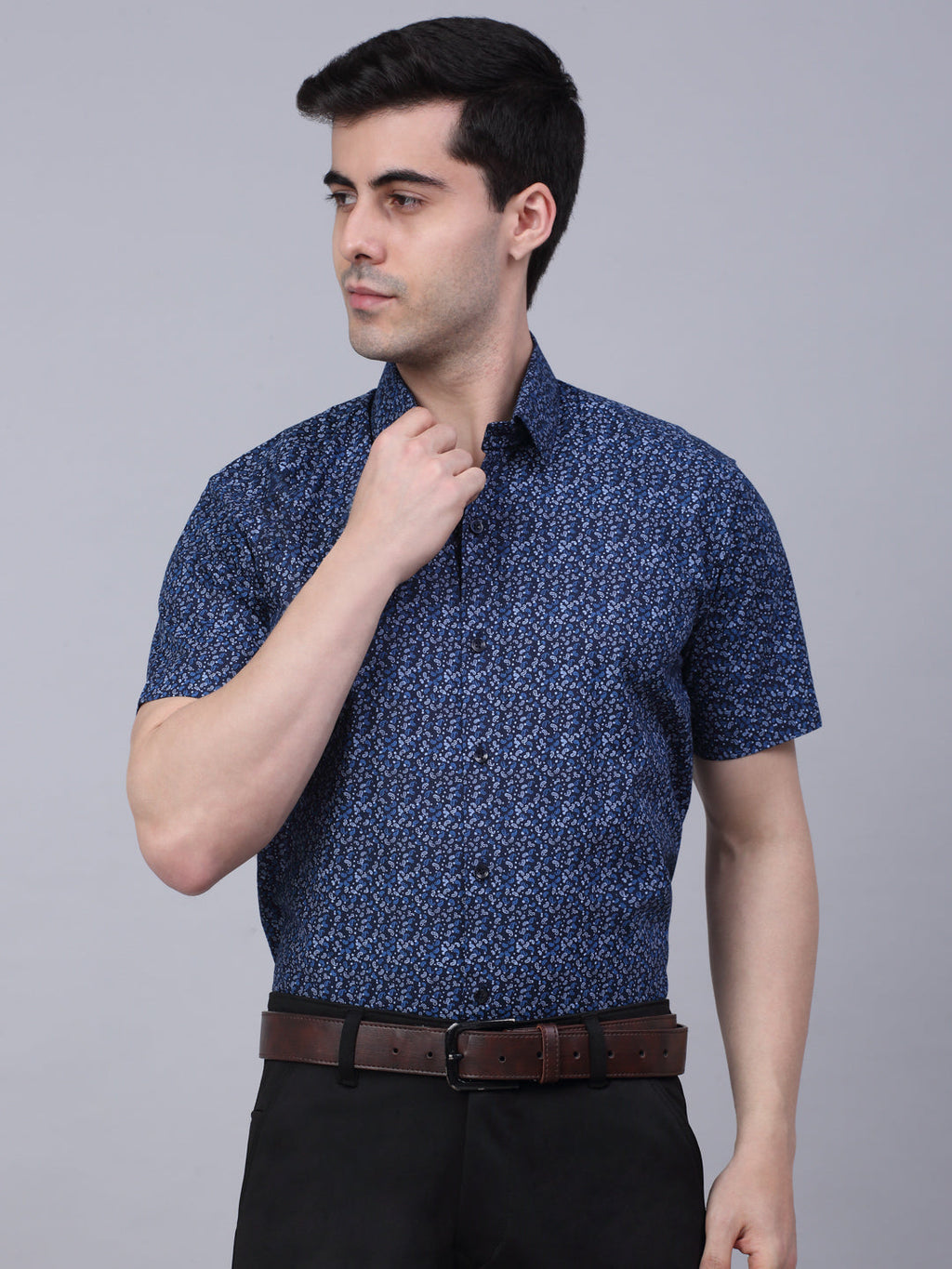 Jainish Men's Cotton Half Sleeve Printed Formal Shirts - Navy Blue