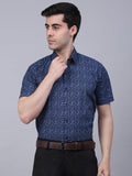 Jainish Men's Cotton Half Sleeve Printed Formal Shirts - Navy Blue