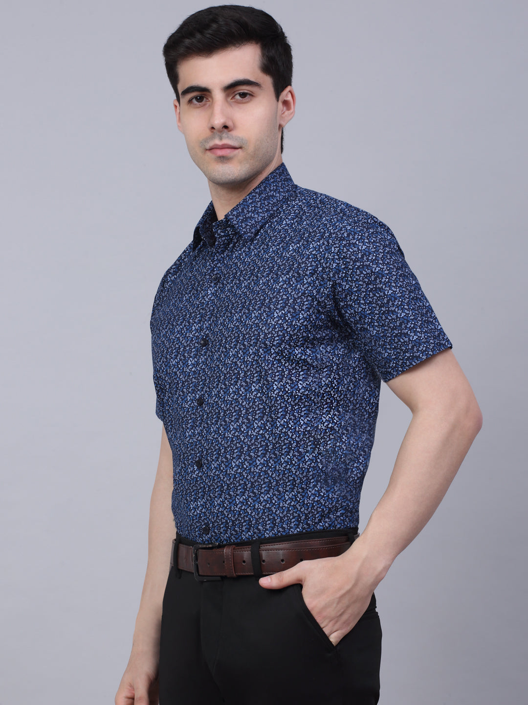 Jainish Men's Cotton Half Sleeve Printed Formal Shirts - Navy Blue