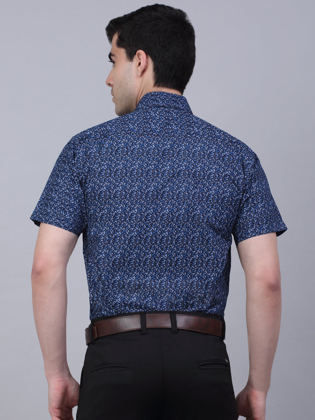 Jainish Men's Cotton Half Sleeve Printed Formal Shirts - Navy Blue