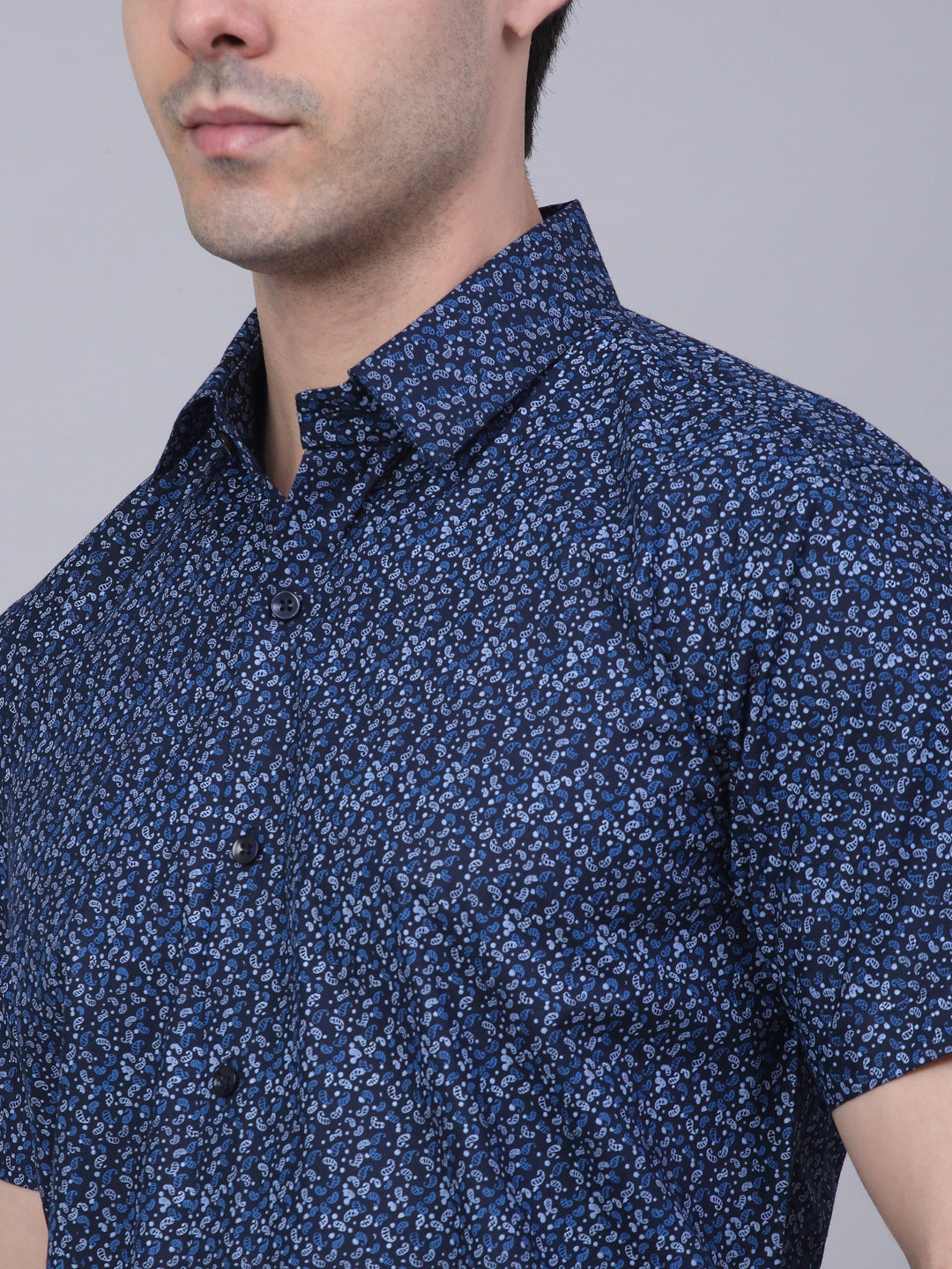 Jainish Men's Cotton Half Sleeve Printed Formal Shirts - Navy Blue