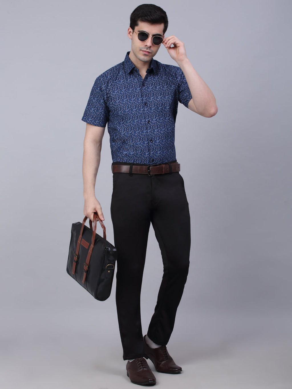 Jainish Men's Cotton Half Sleeve Printed Formal Shirts - Navy Blue