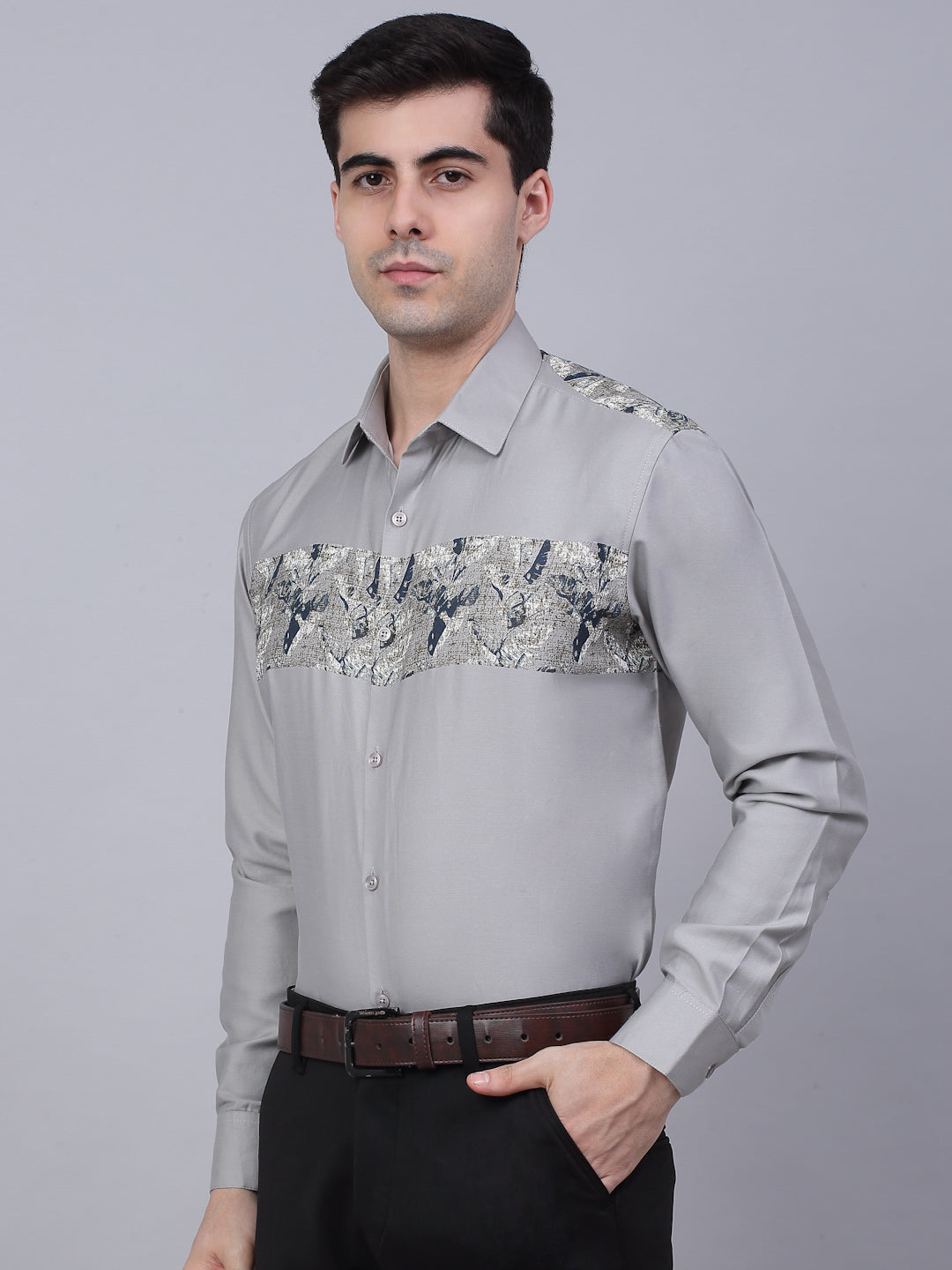 Jainish Men's Cotton Lycra Printed Formal Shirts - Steel-Grey