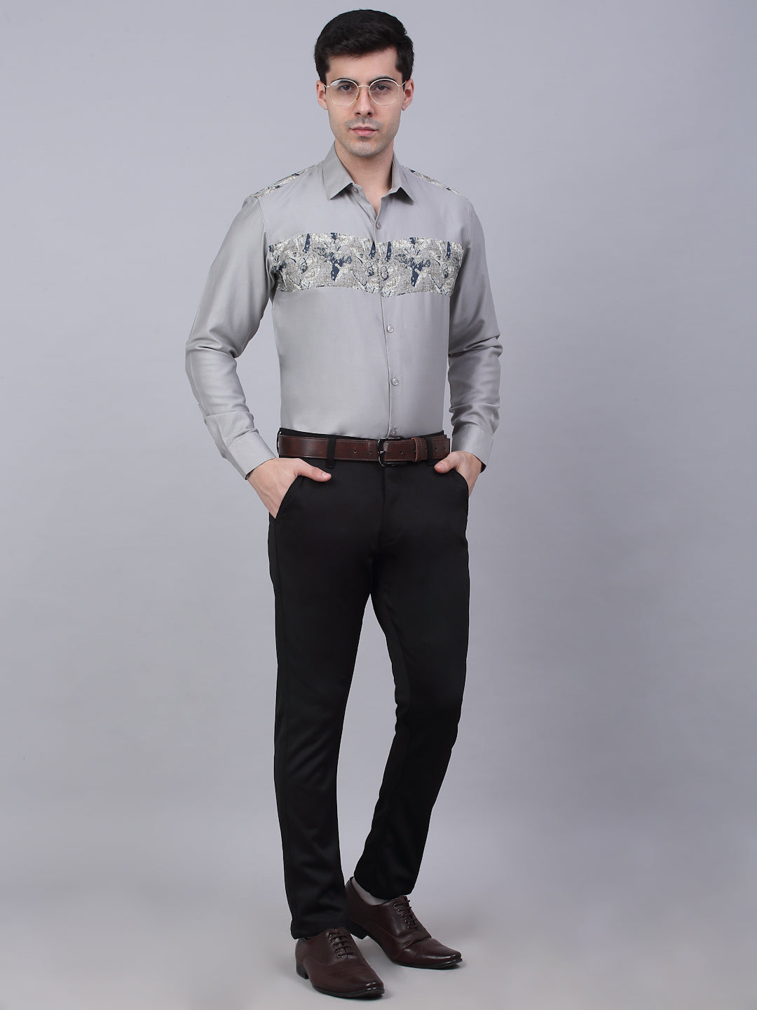 Jainish Men's Cotton Lycra Printed Formal Shirts - Steel-Grey