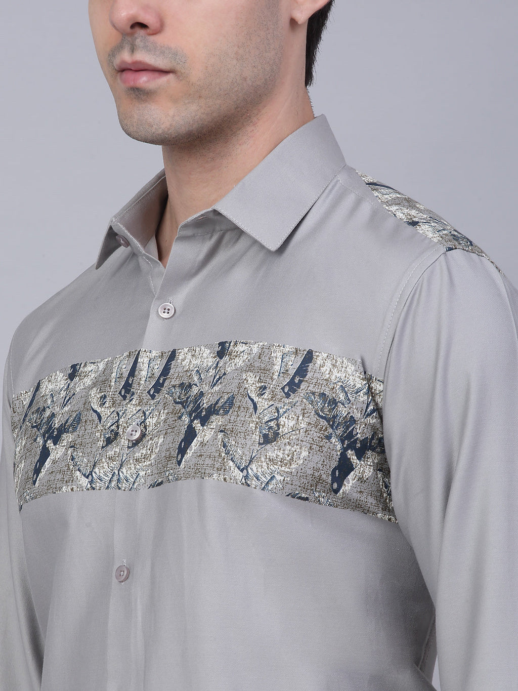 Jainish Men's Cotton Lycra Printed Formal Shirts - Steel-Grey