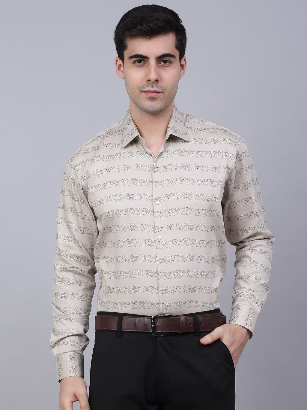 Jainish Men's Cotton Lycra Printed Formal Shirts - Cream