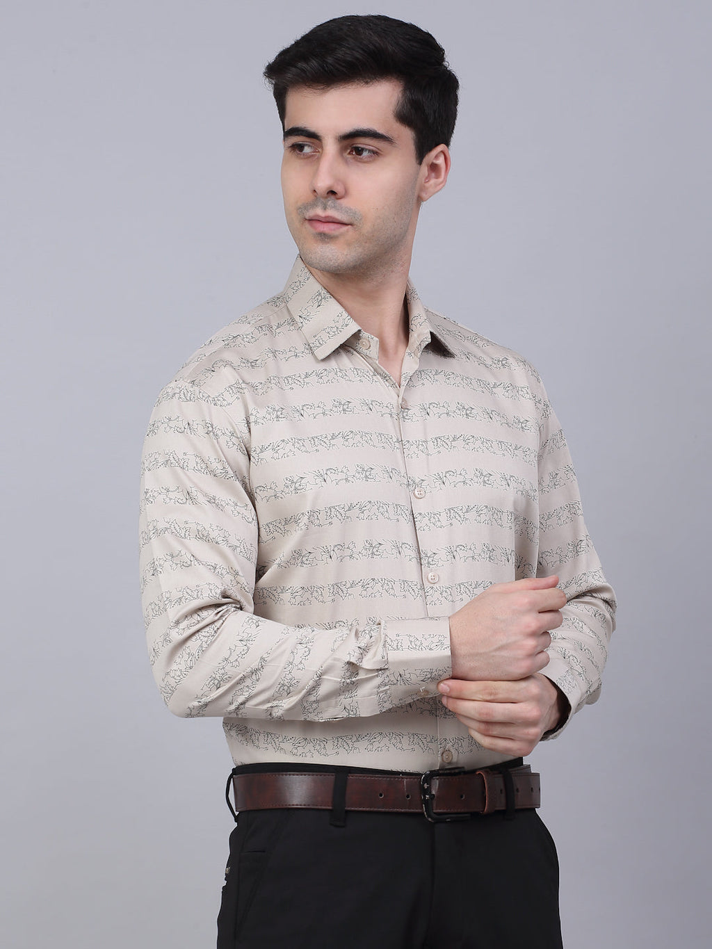 Jainish Men's Cotton Lycra Printed Formal Shirts - Cream