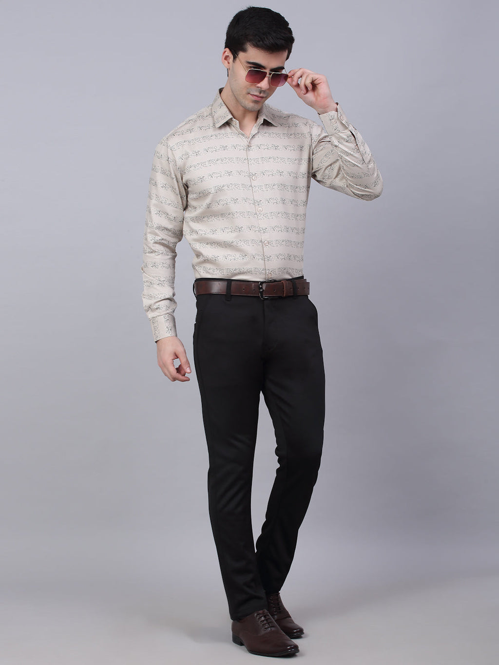 Jainish Men's Cotton Lycra Printed Formal Shirts - Cream