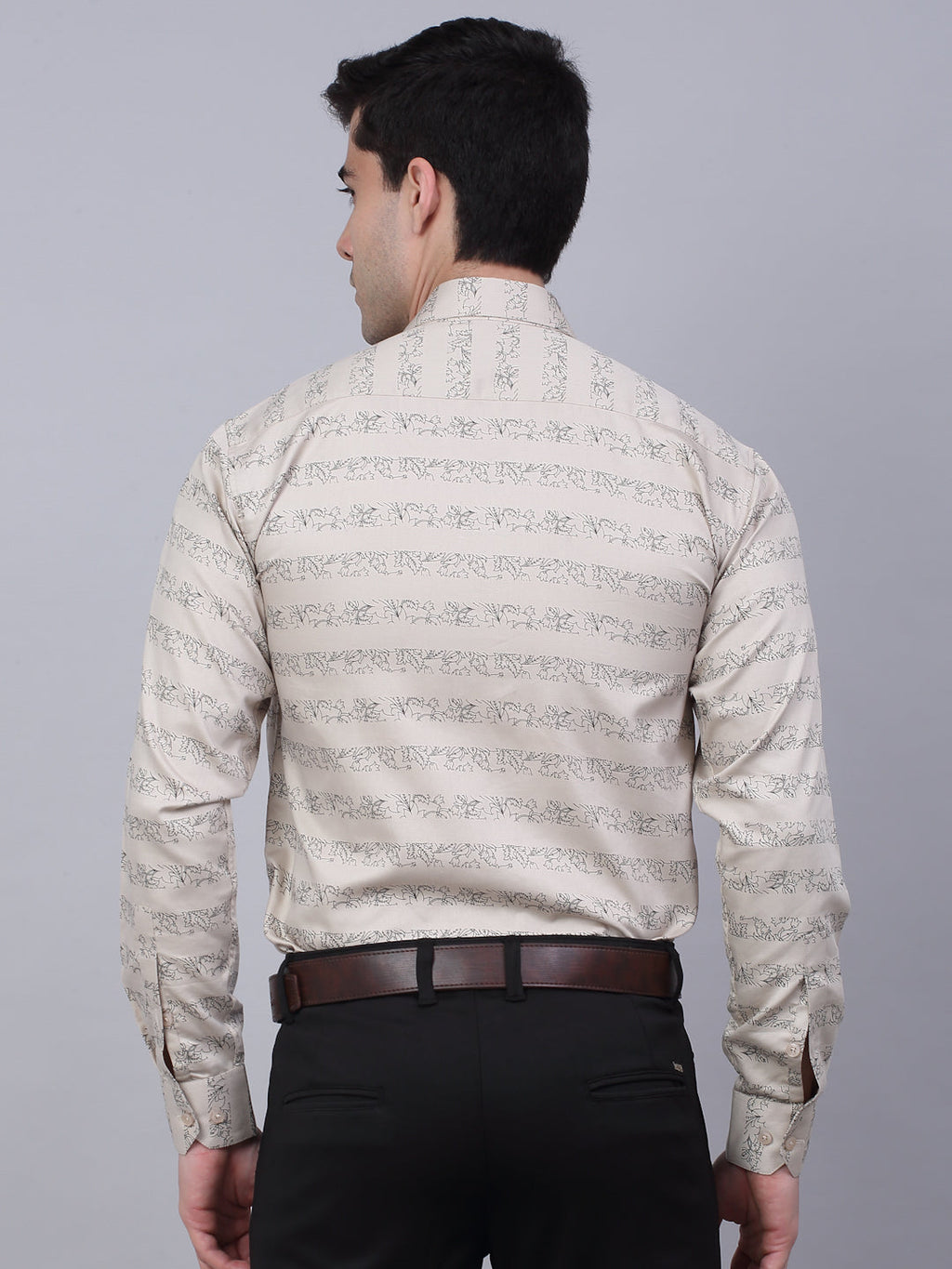 Jainish Men's Cotton Lycra Printed Formal Shirts - Cream