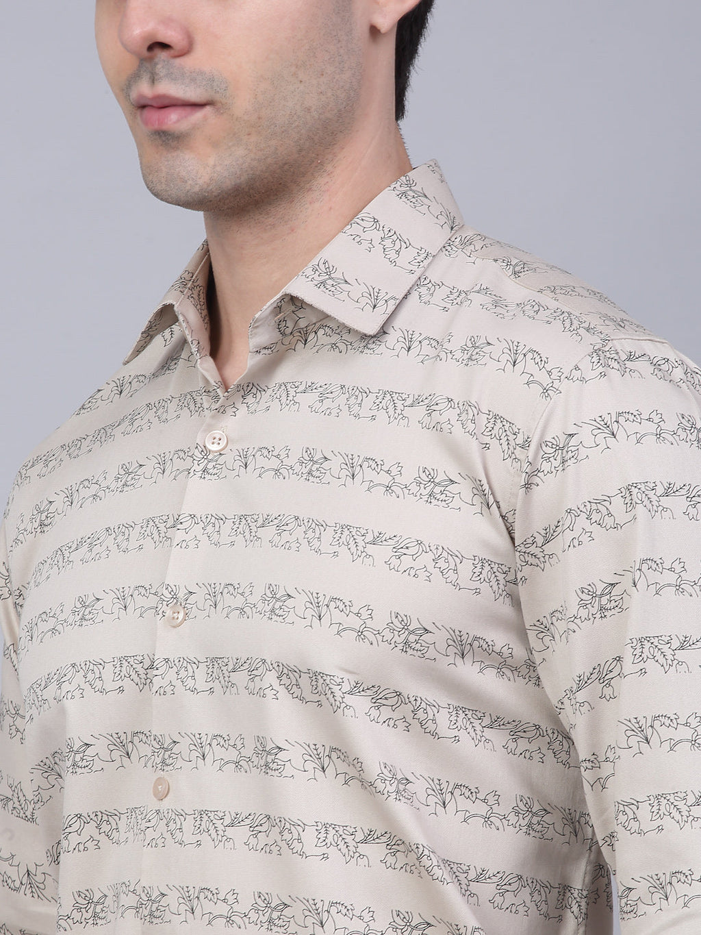 Jainish Men's Cotton Lycra Printed Formal Shirts - Cream