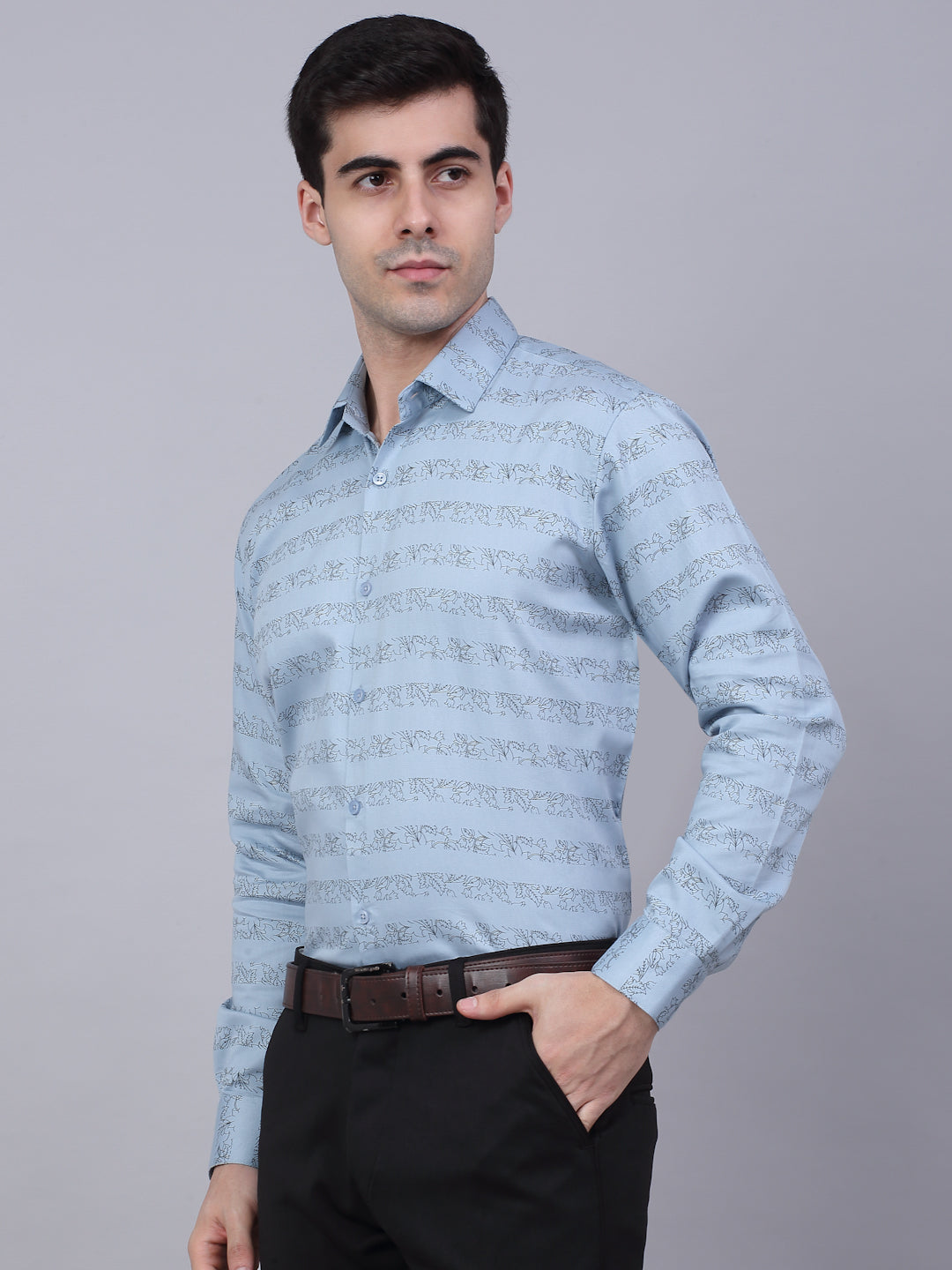 Jainish Men's Cotton Lycra Printed Formal Shirts - Sky Blue