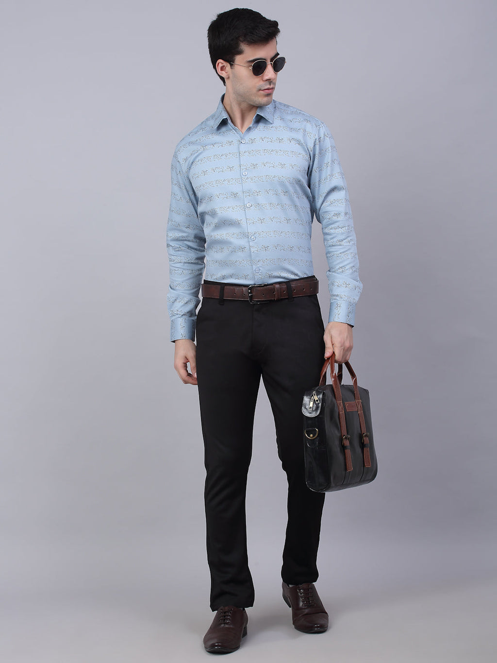 Jainish Men's Cotton Lycra Printed Formal Shirts - Sky Blue