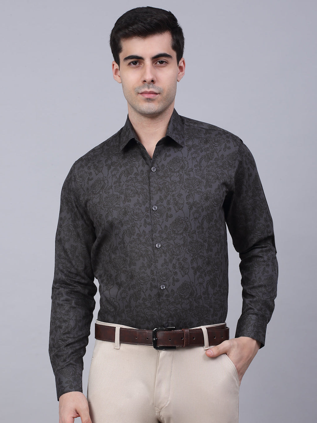 Jainish Men's Cotton Lycra Printed Formal Shirts - Grey