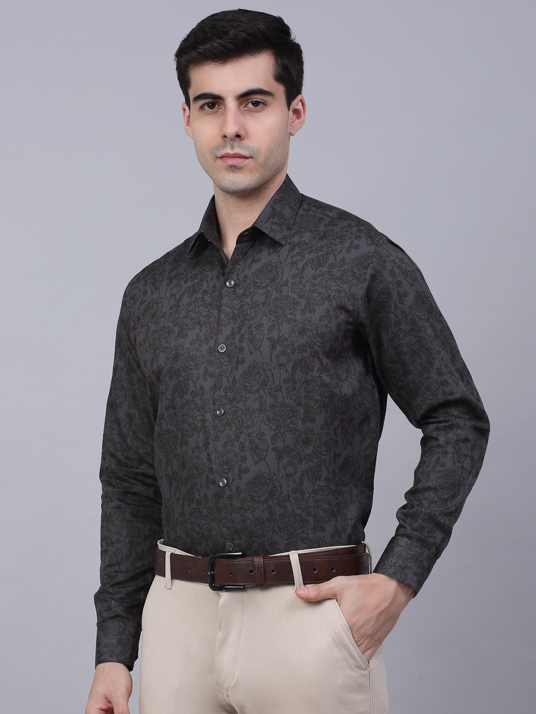 Jainish Men's Cotton Lycra Printed Formal Shirts - Grey