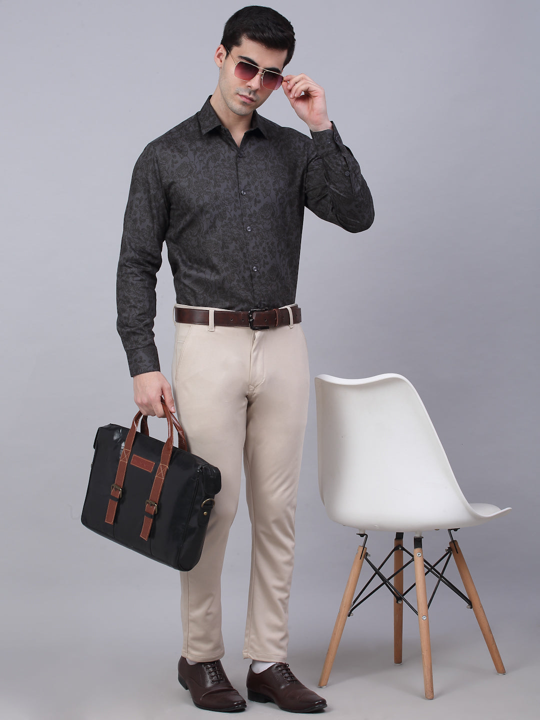 Jainish Men's Cotton Lycra Printed Formal Shirts - Grey