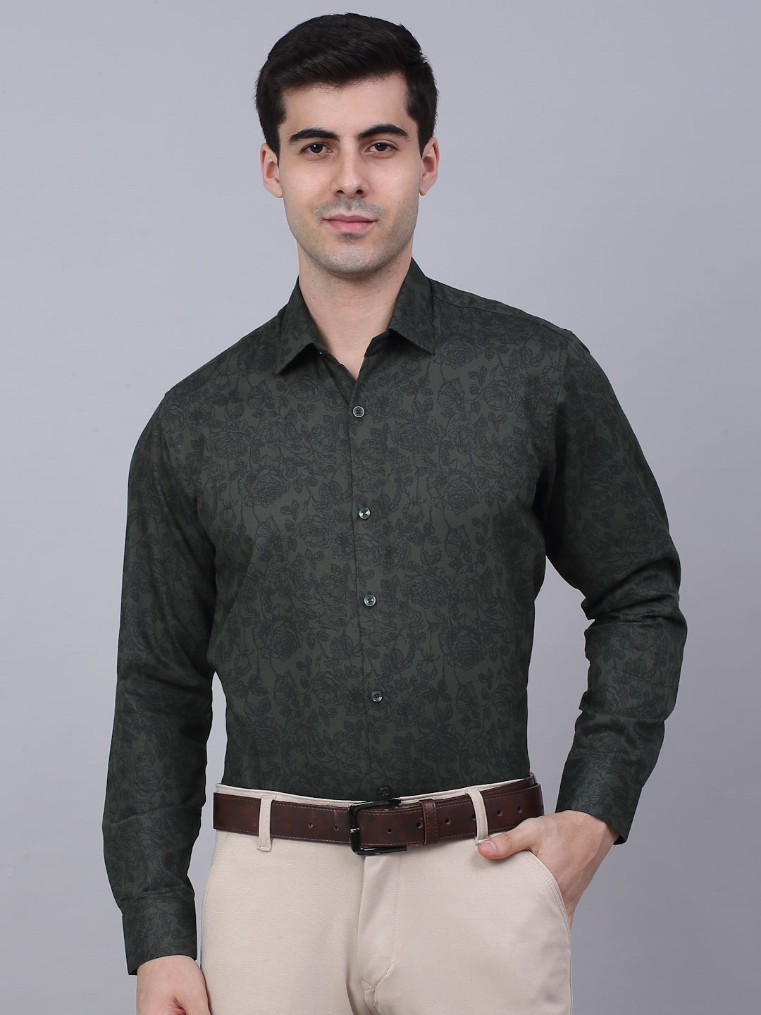 Jainish Men's Cotton Lycra Printed Formal Shirts - Olive