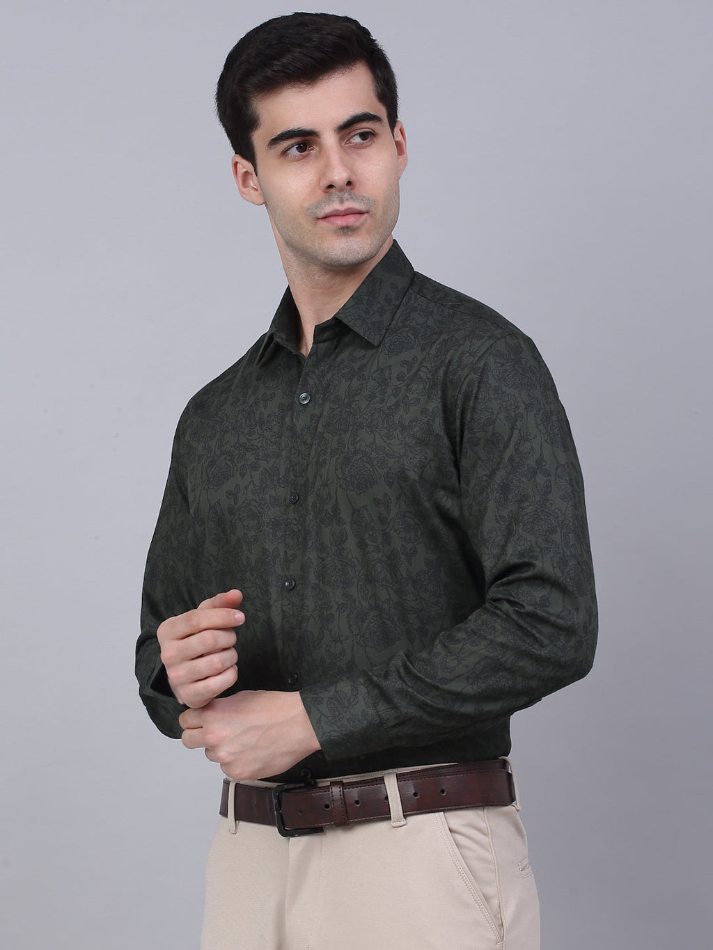 Jainish Men's Cotton Lycra Printed Formal Shirts - Olive
