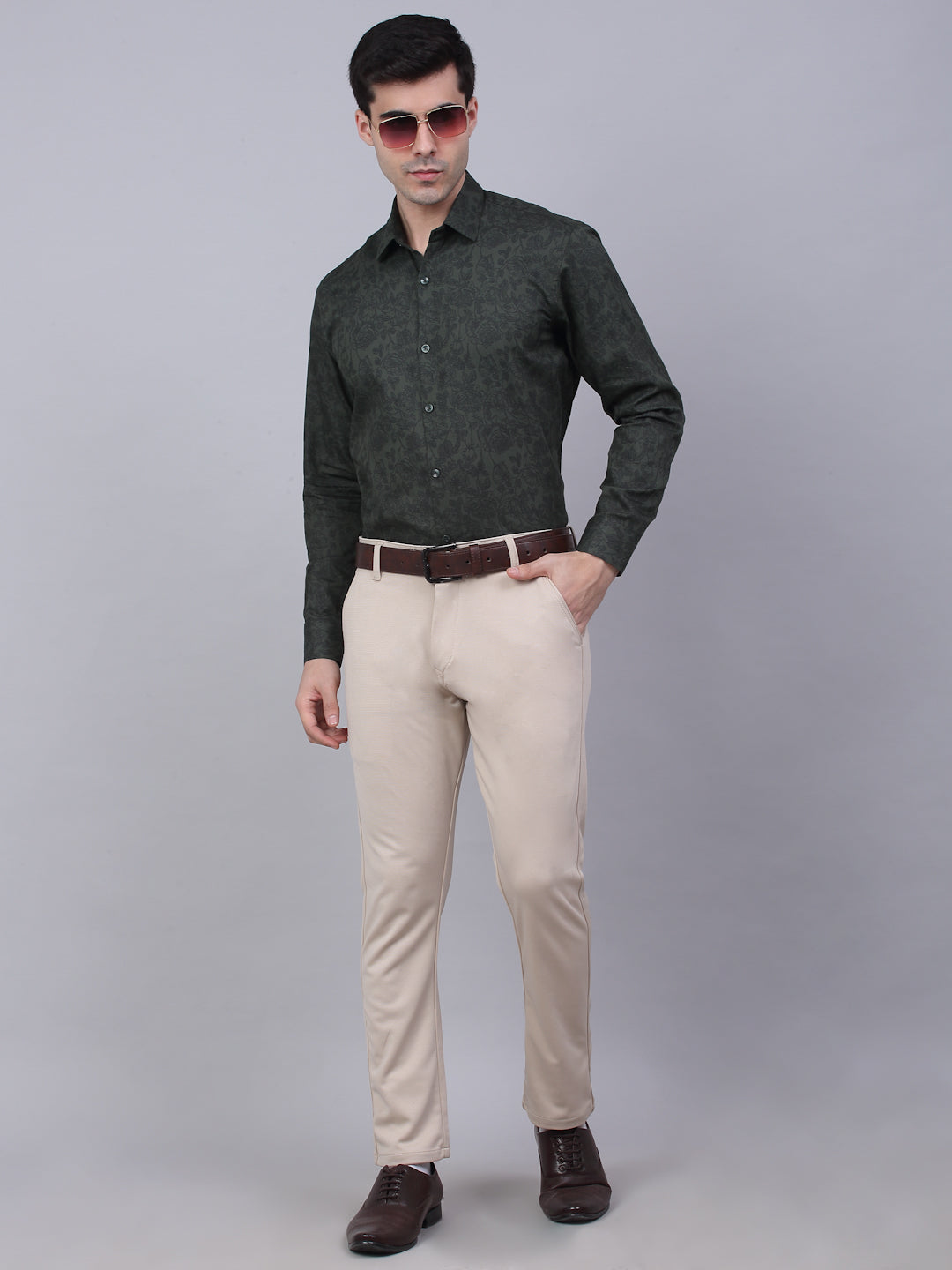 Jainish Men's Cotton Lycra Printed Formal Shirts - Olive