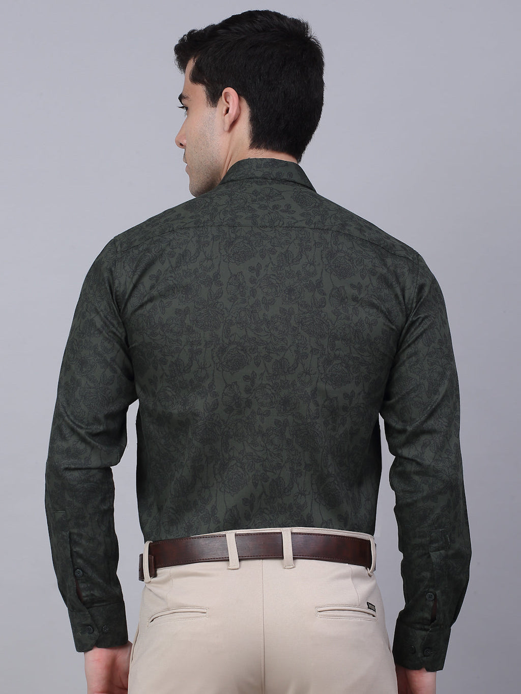 Jainish Men's Cotton Lycra Printed Formal Shirts - Olive