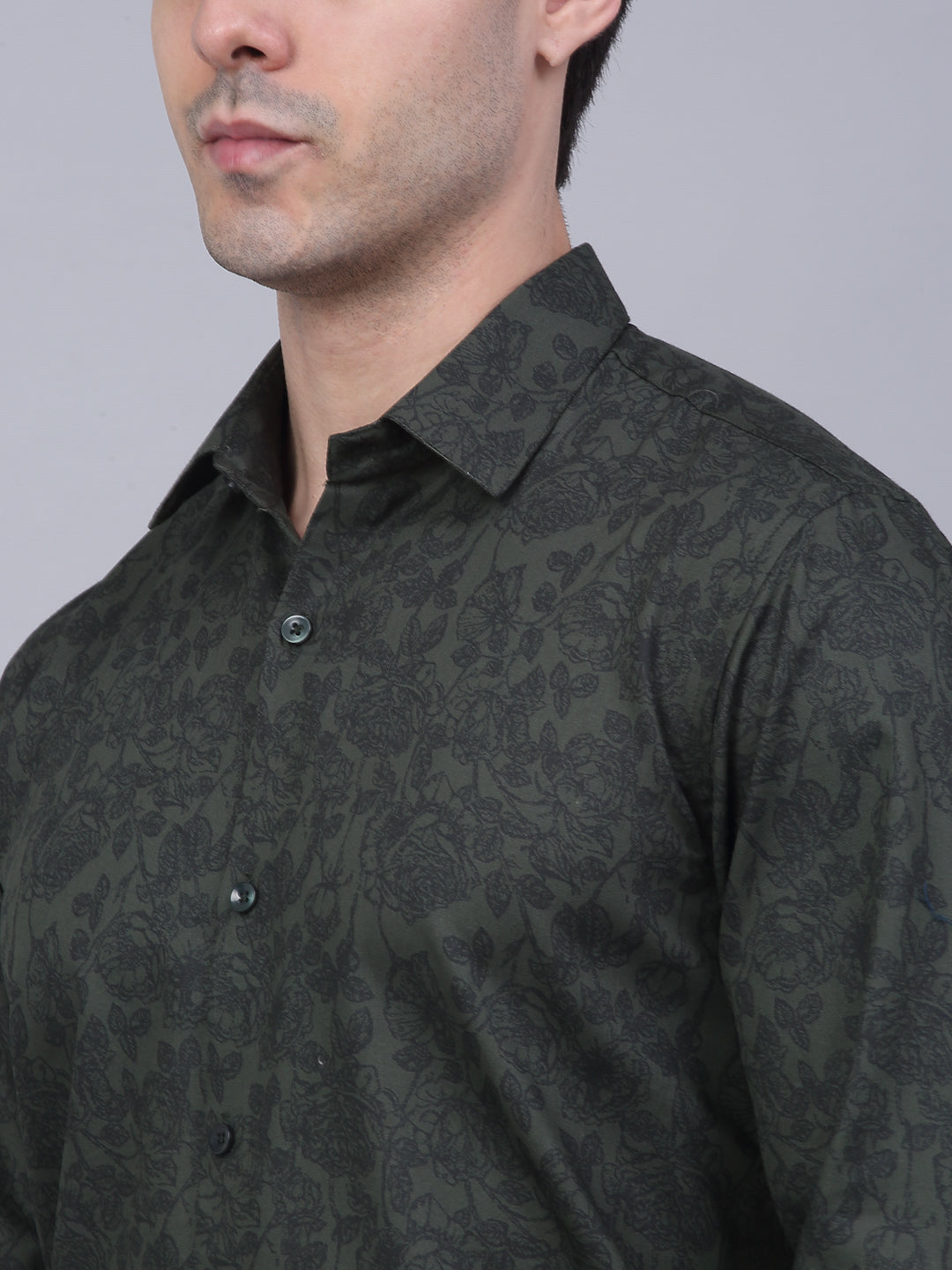 Jainish Men's Cotton Lycra Printed Formal Shirts - Olive