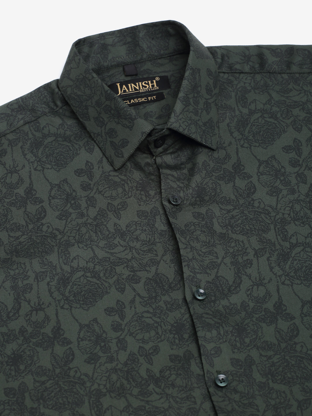 Jainish Men's Cotton Lycra Printed Formal Shirts - Olive