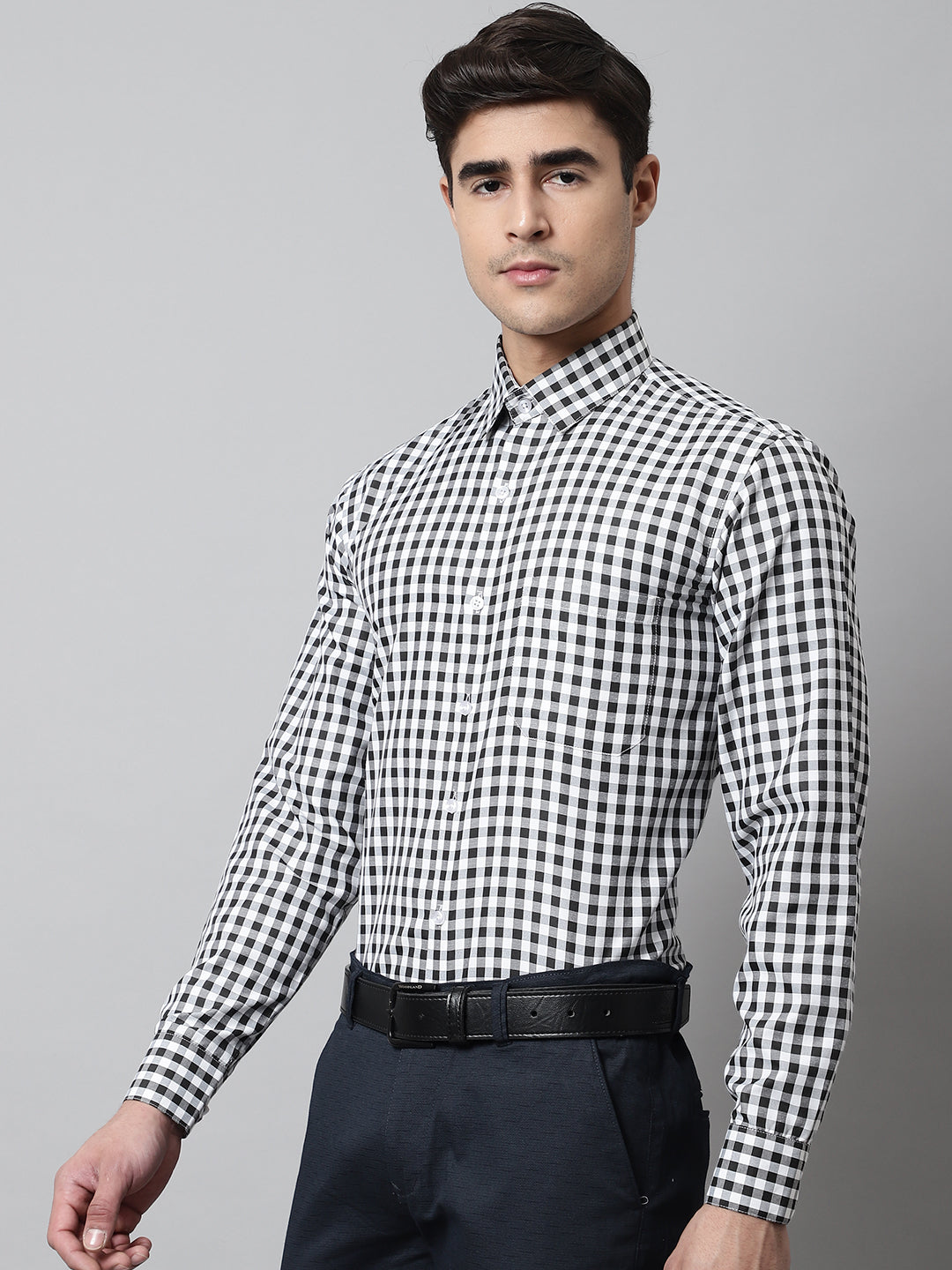 Jainish Men's Black Checks Pure Cotton Formal Shirt