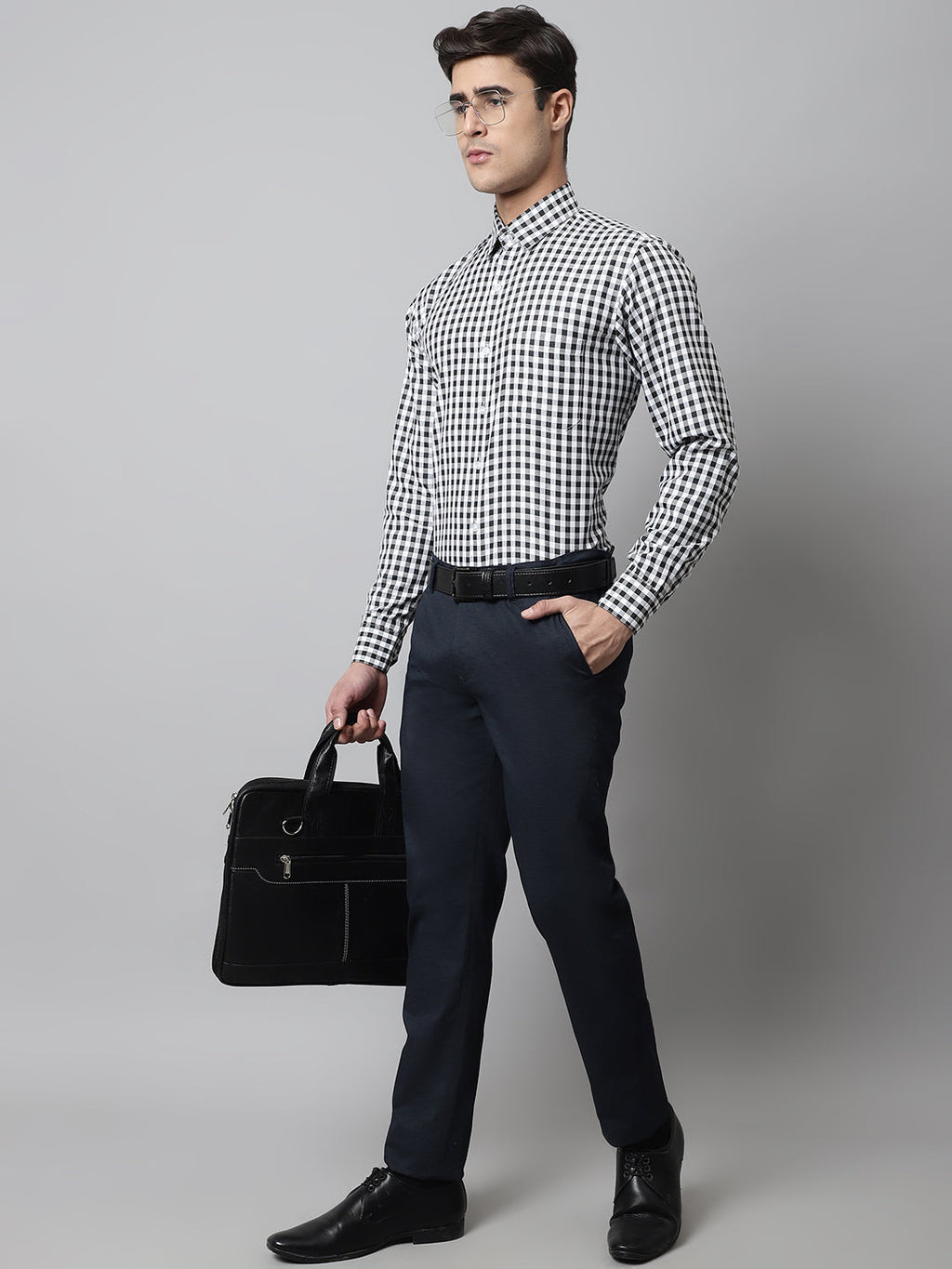Jainish Men's Black Checks Pure Cotton Formal Shirt