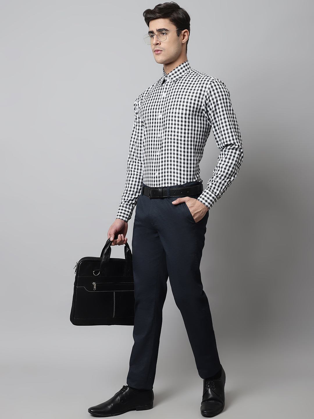 Jainish Men's Black Checks Pure Cotton Formal Shirt