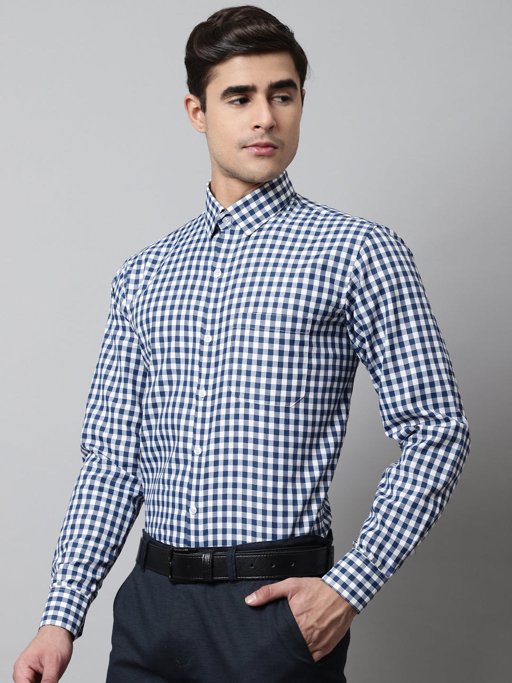 Jainish Men's Blue Checks Pure Cotton Formal Shirt