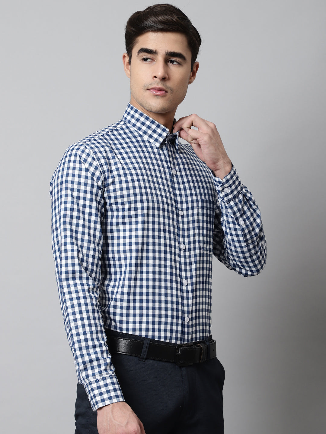 Jainish Men's Blue Checks Pure Cotton Formal Shirt