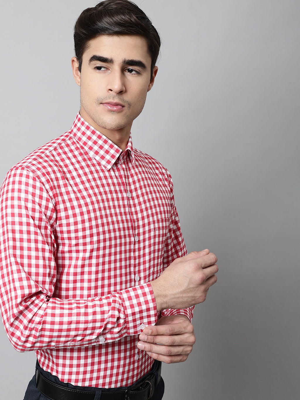 Jainish Men's Red Checks Pure Cotton Formal Shirt