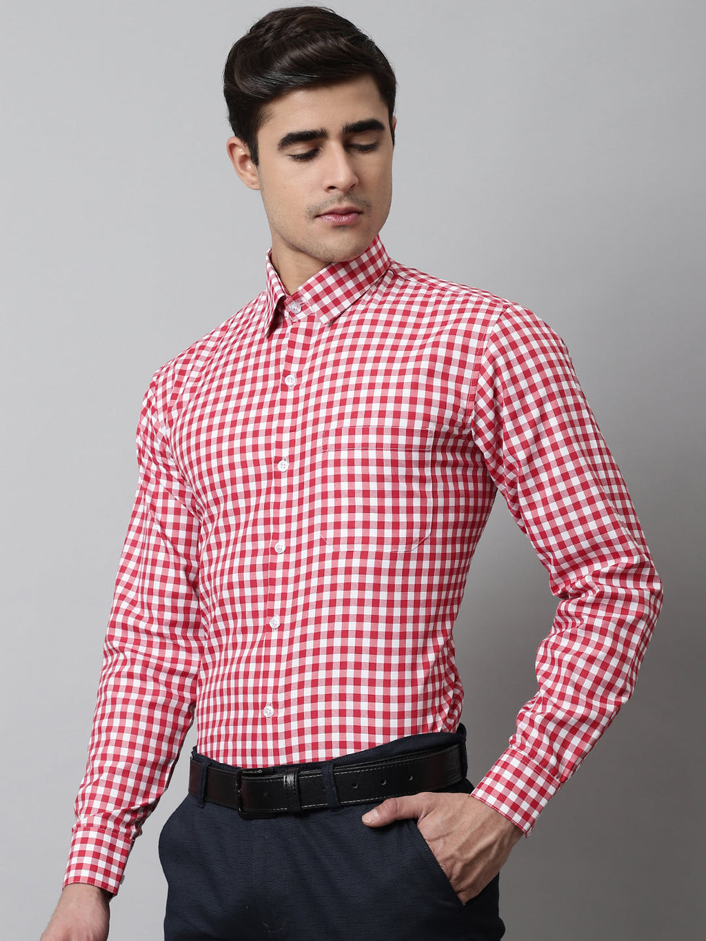 Jainish Men's Red Checks Pure Cotton Formal Shirt