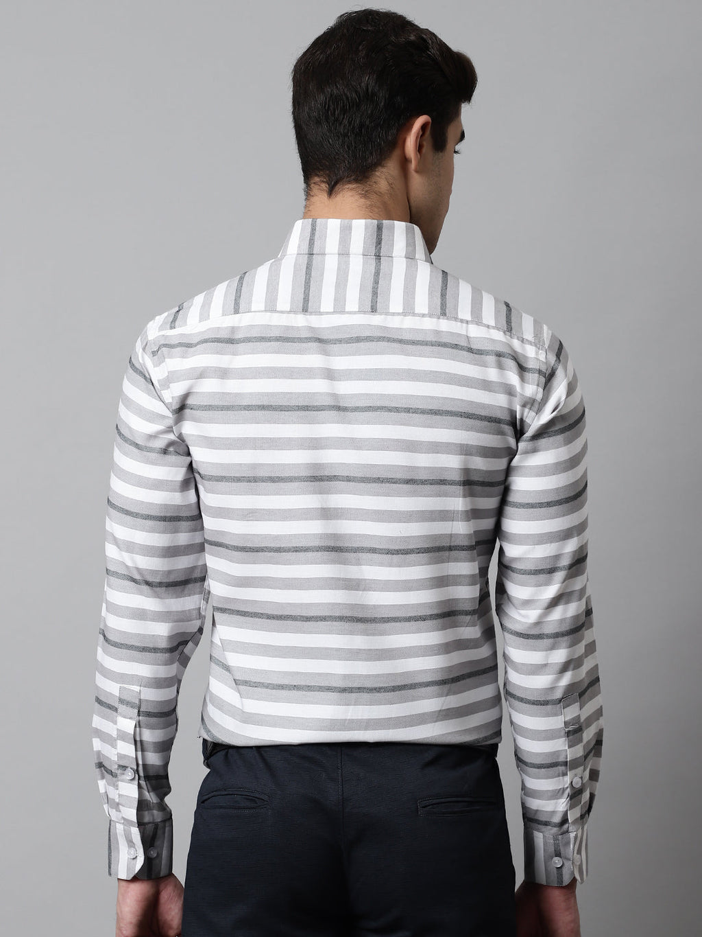 Jainish Men's Grey Classic Horizontal Striped Formal Shirt
