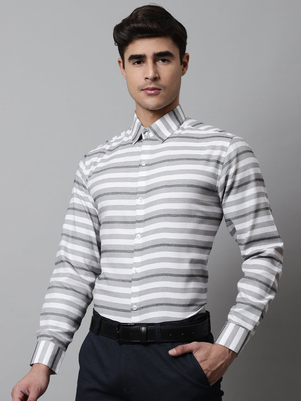 Jainish Men's Grey Classic Horizontal Striped Formal Shirt