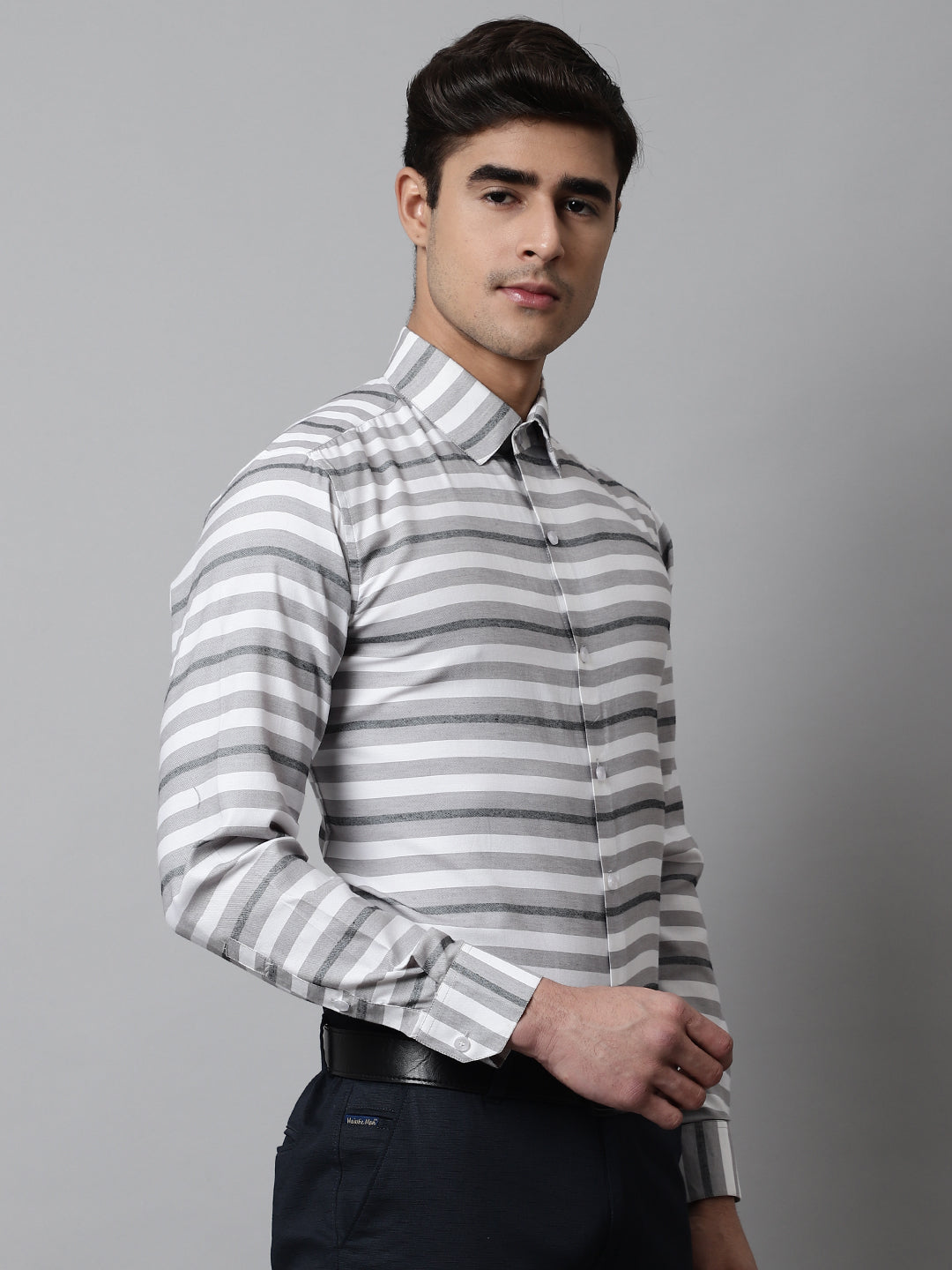 Jainish Men's Grey Classic Horizontal Striped Formal Shirt