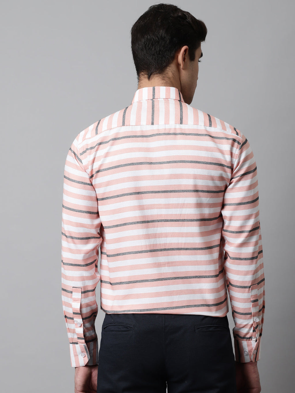 Jainish Men's Peach Classic Horizontal Striped Formal Shirt